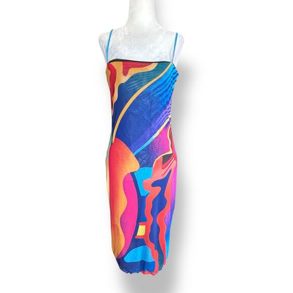 Expired Girl X Heeyajenny 2 Way Mesh Midi Slip Dress Colorful Colorblock Medium - Picture 1 of 14